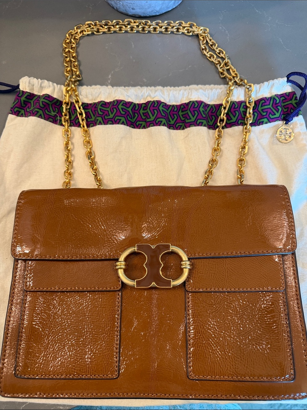 Tory Burch Chestnut Patent Leather Chain Shoulder Bag